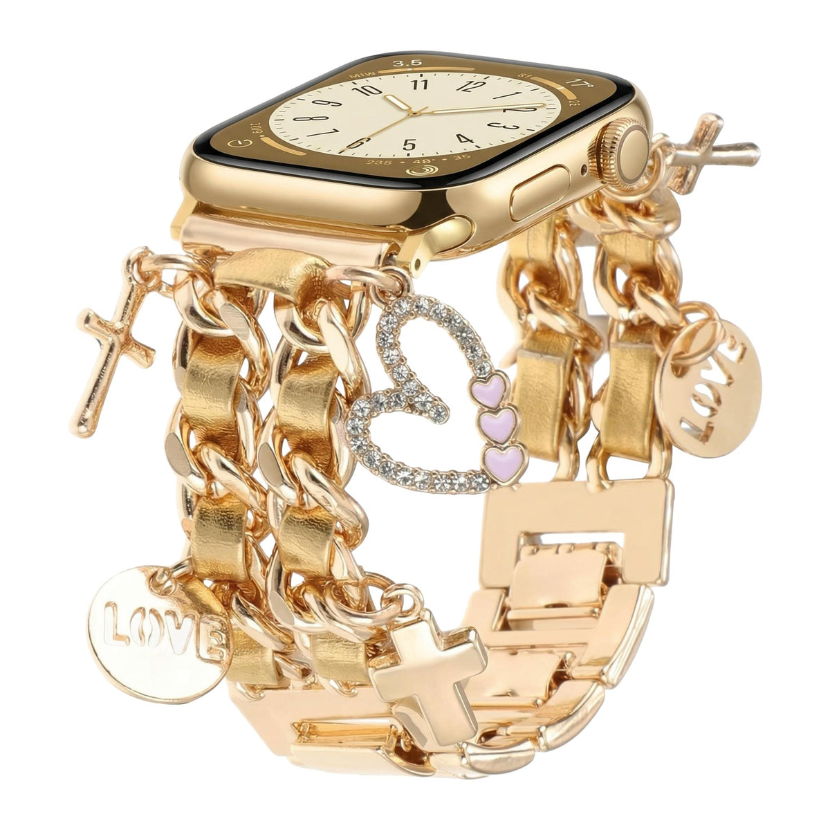 Bracelet Apple Watch, multiples breloques cœur et croix, maillons métalliques à clipser, bijou de montre femme, accessoire tendance, modèle Erza