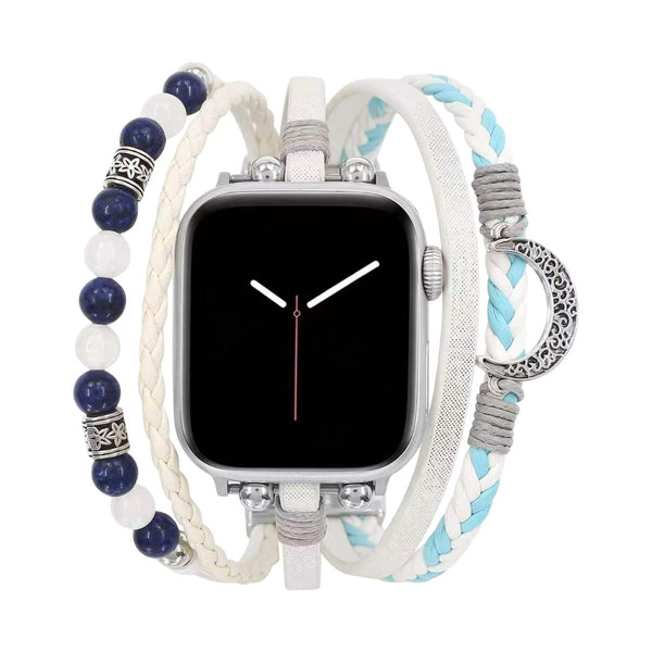Table Integrale Bracelet Apple Watch multirang blanc et bleu, pierres naturelles et pe