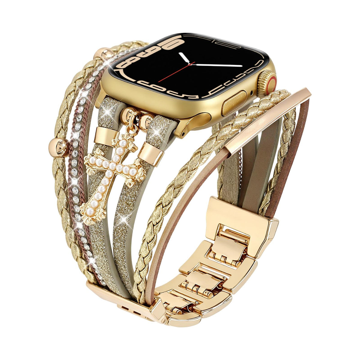 Bransoletka Apple Watch wielorzędowa dla kobiet, bransoletka z ekoskóry z krzyżem chrześcijańskim, regulowane ogniwa na zatrzask, model Stravada