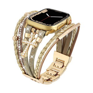 Apple Watch Multireihen-Armband für Damen, Armband aus Kunstleder mit christlichem Kreuz, verstellbare Clip-Glieder, Modell Stravada