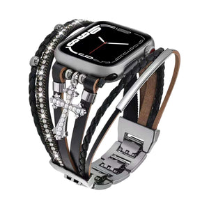 Apple Watch Multireihen-Armband für Damen, Armband aus Kunstleder mit christlichem Kreuz, verstellbare Clip-Glieder, Modell Stravada