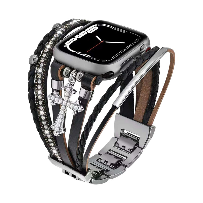 Apple Watch Multireihen-Armband für Damen, Armband aus Kunstleder mit christlichem Kreuz, verstellbare Clip-Glieder, Modell Stravada