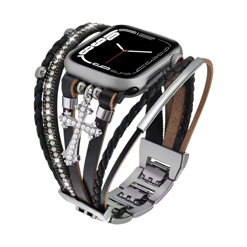 Apple Watch Multireihen-Armband für Damen, Armband aus Kunstleder mit christlichem Kreuz, verstellbare Clip-Glieder, Modell Stravada