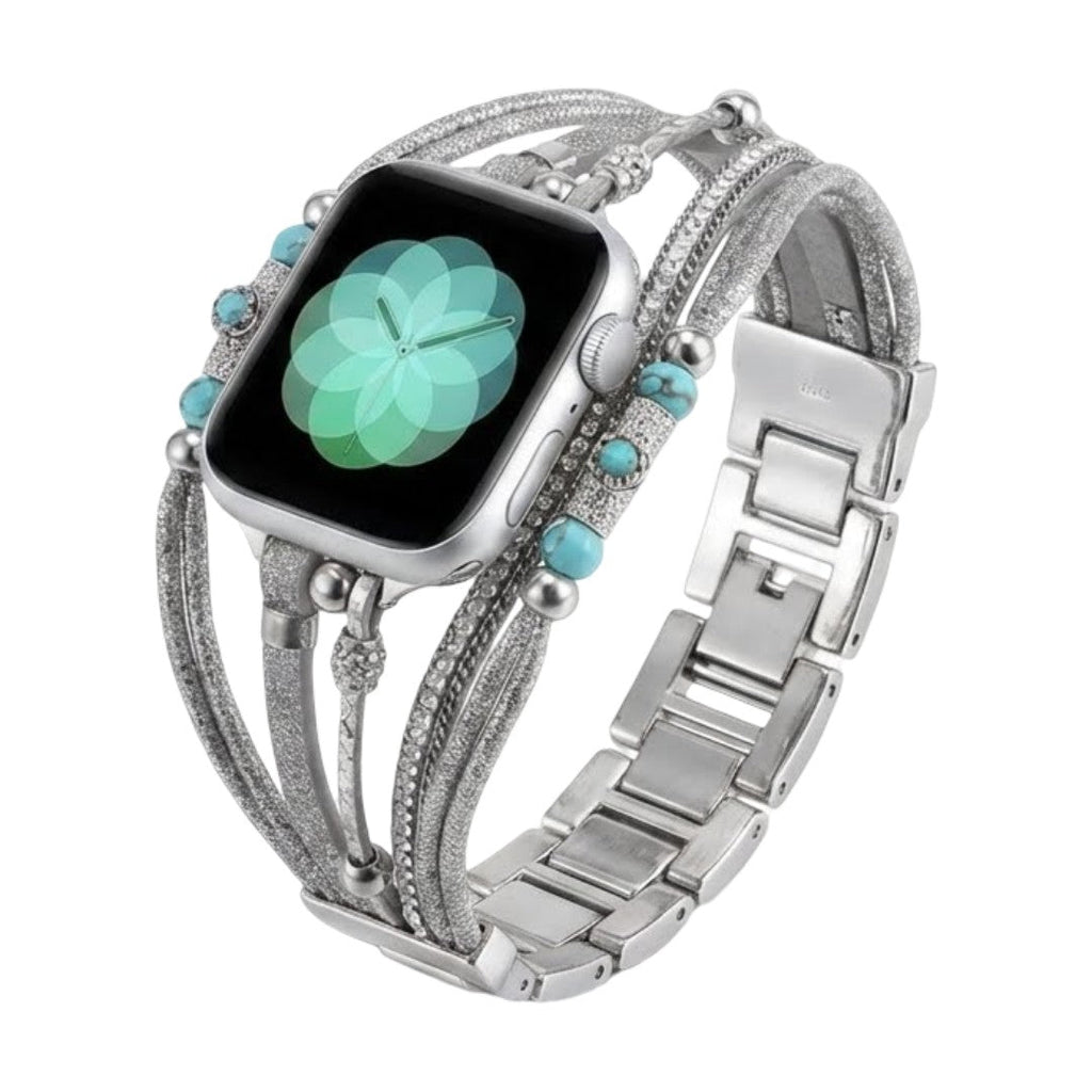 Bracelet multirangs pour Apple Watch avec perles turquoise et cordes argentées brillantes, fermoir métal argenté.