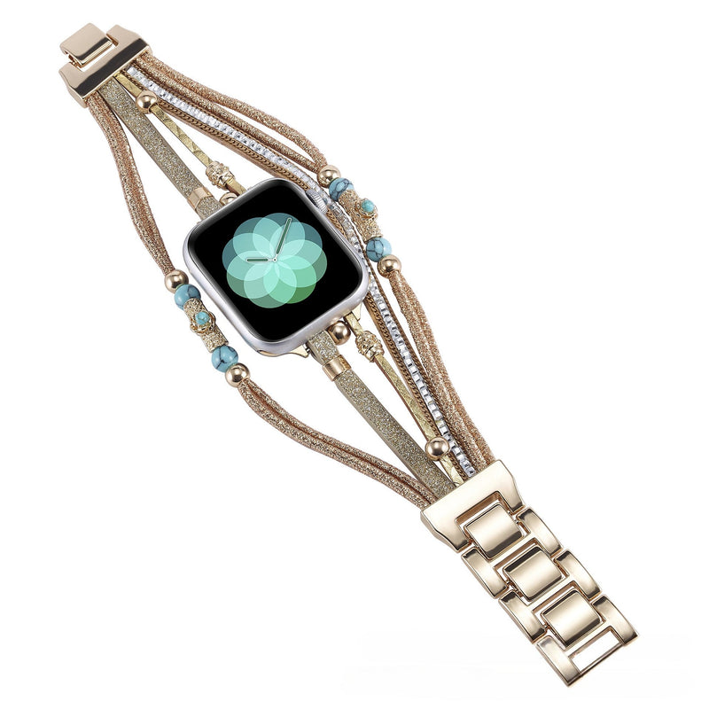 Bracelet pour Apple Watch multirangs avec perles turquoise et cordes brillantes couleur or rose.