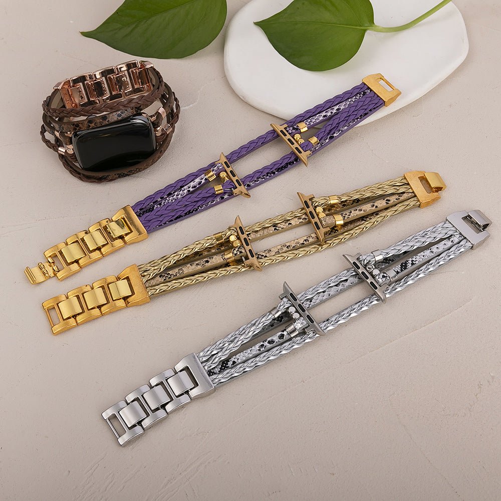 Apple Watch Armband Luziane, mehrreihig aus veganem Kunstleder, geflochtene und reptilienartige Textur, verstellbarer Edelstahlverschluss, eleganter Alltagsstil