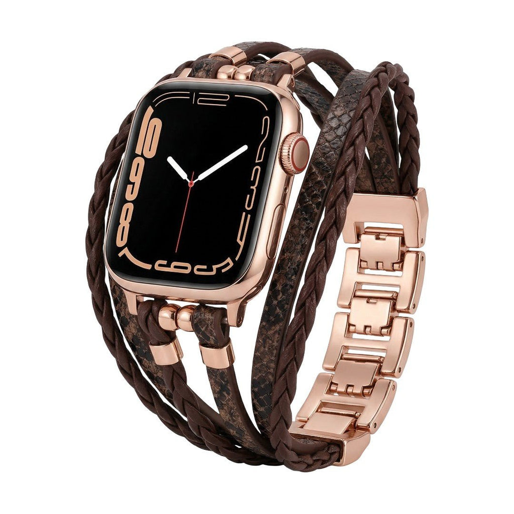 Apple Watch Armband Luziane, mehrreihig aus veganem Kunstleder, geflochtene und reptilienartige Textur, verstellbarer Edelstahlverschluss, eleganter Alltagsstil