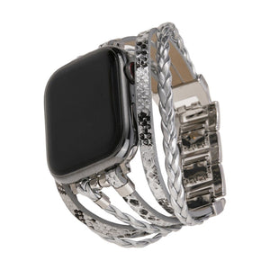 Apple Watch Armband Luziane, mehrreihig aus veganem Kunstleder, geflochtene und reptilienartige Textur, verstellbarer Edelstahlverschluss, eleganter Alltagsstil