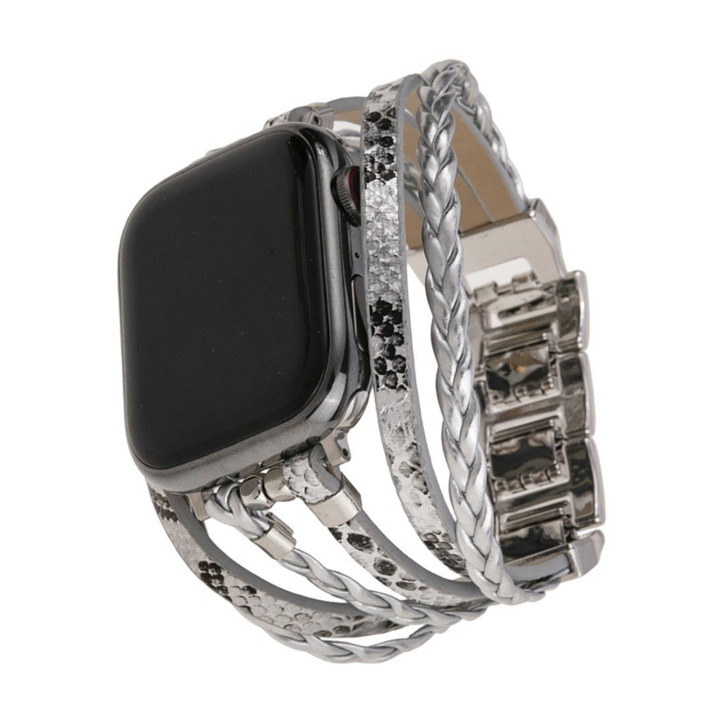 Apple Watch Armband Luziane, mehrreihig aus veganem Kunstleder, geflochtene und reptilienartige Textur, verstellbarer Edelstahlverschluss, eleganter Alltagsstil