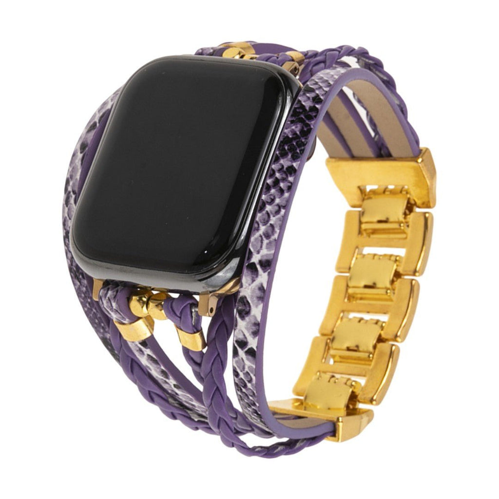 Apple Watch Armband Luziane, mehrreihig aus veganem Kunstleder, geflochtene und reptilienartige Textur, verstellbarer Edelstahlverschluss, eleganter Alltagsstil
