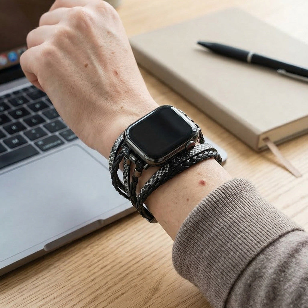 Apple Watch Armband Luziane, mehrreihig aus veganem Kunstleder, geflochtene und reptilienartige Textur, verstellbarer Edelstahlverschluss, eleganter Alltagsstil