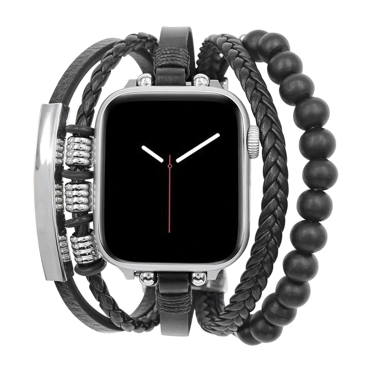 Bracelet Apple Watch mutli-rangs tressée, orné de perles de bois, avec plaque personnalisable, gravure offerte, modèle Dizix