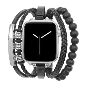 Pletený víceřadý náramek pro Apple Watch, zdobený dřevěnými korálky, s personalizovatelnou destičkou, gravírování zdarma, model Dizix