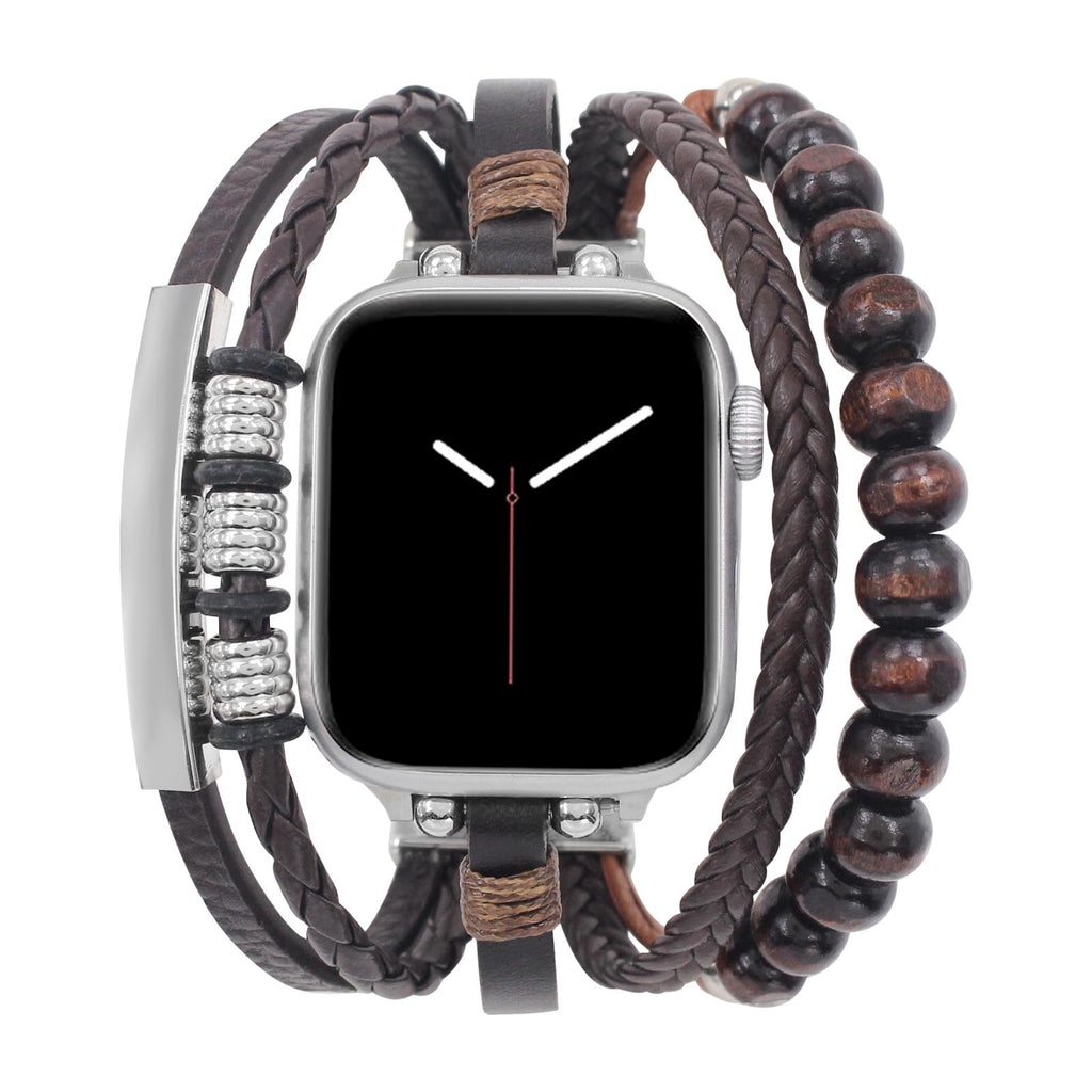 Pletený víceřadý náramek pro Apple Watch, zdobený dřevěnými korálky, s personalizovatelnou destičkou, gravírování zdarma, model Dizix