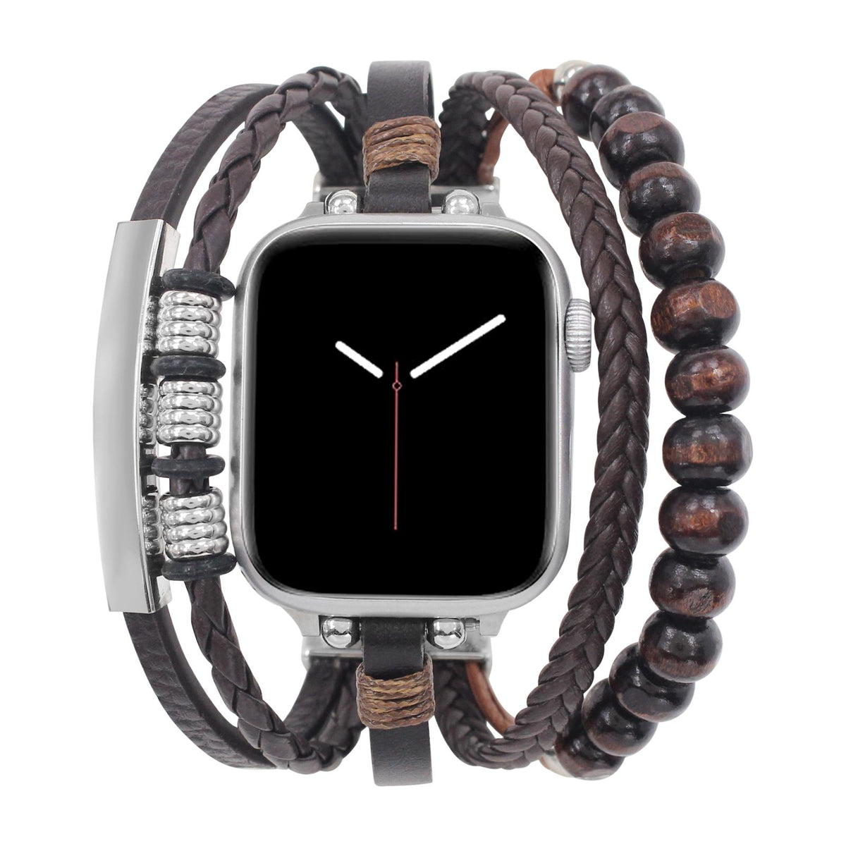 Bracelet Apple Watch mutli-rangs tressée, orné de perles de bois, avec plaque personnalisable, gravure offerte, modèle Dizix