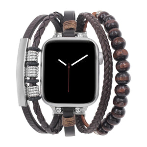Pletený víceřadý náramek pro Apple Watch, zdobený dřevěnými korálky, s personalizovatelnou destičkou, gravírování zdarma, model Dizix