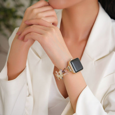 Apple Watch Bracelet with Enameled Butterfly Design, Elastic Links with Rhinestones, Marjorie Model