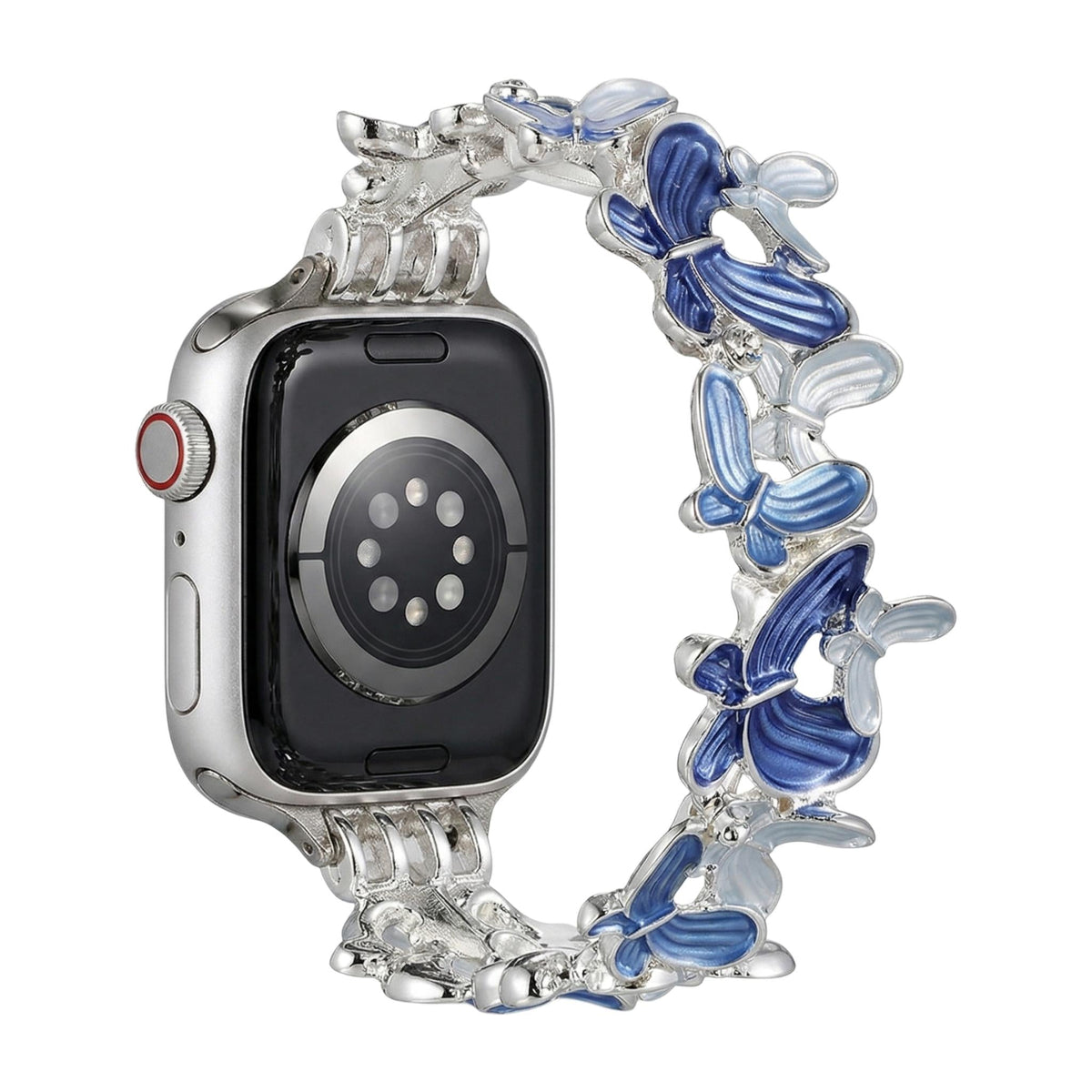 Apple Watch Bracelet with Enameled Butterfly Design, Elastic Links with Rhinestones, Marjorie Model
