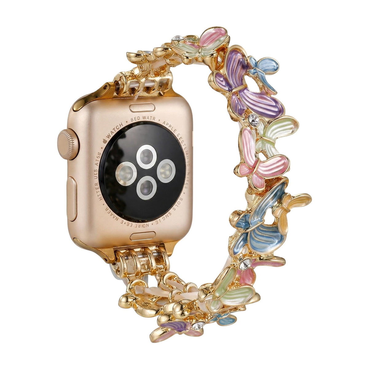 Apple Watch Bracelet with Enameled Butterfly Design, Elastic Links with Rhinestones, Marjorie Model