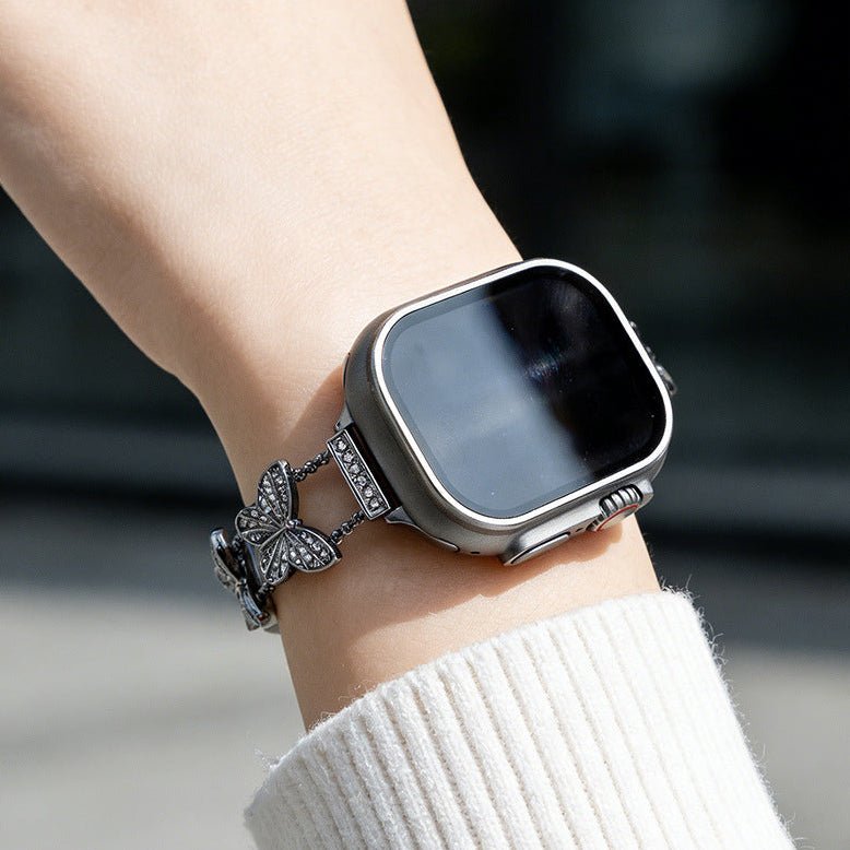 Bracelet Apple Watch papillon zircon, bracelet montre en alliage métallique avec papillon scintillant, modèle Rinoure