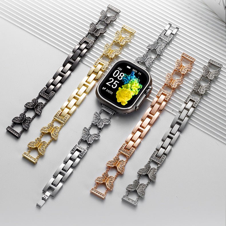 Bracelet Apple Watch papillon zircon, bracelet montre en alliage métallique avec papillon scintillant, modèle Rinoure