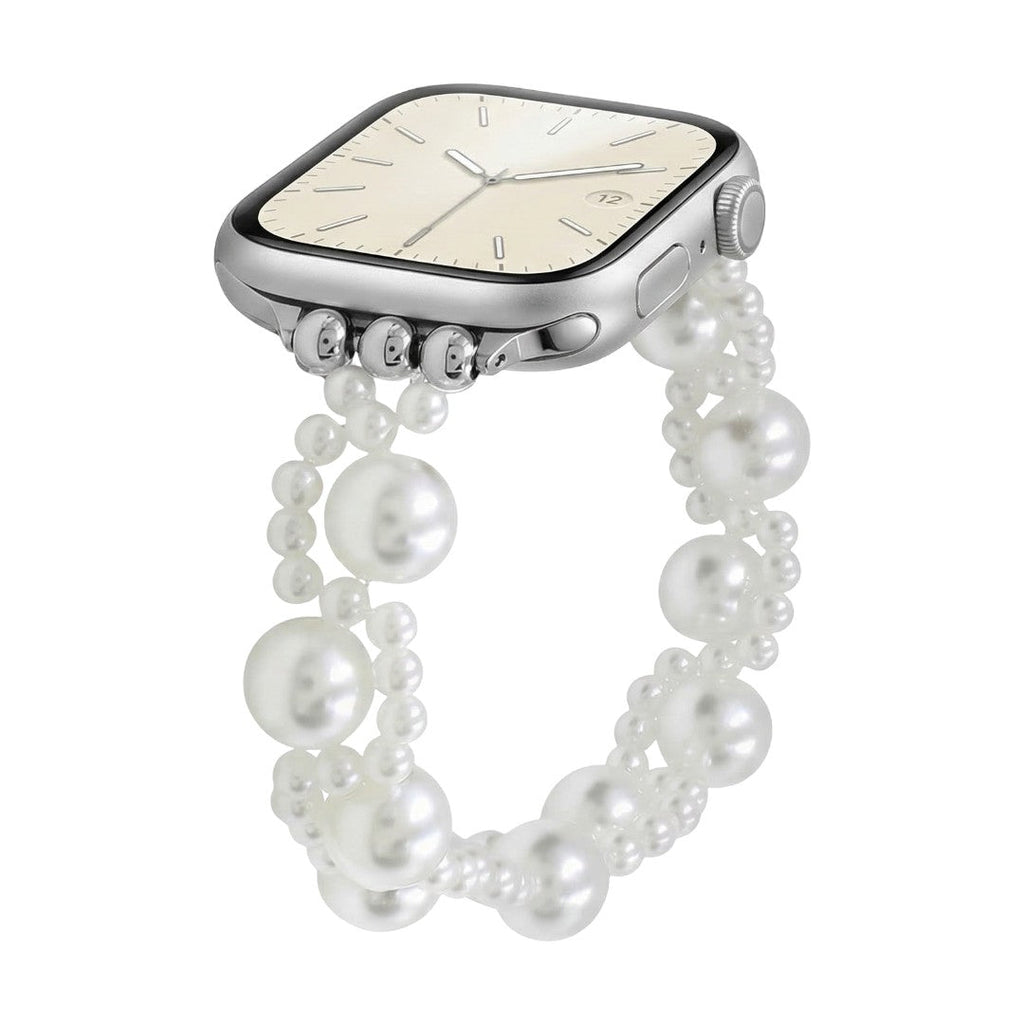 Bracelet Apple Watch perles blanches élastique, bijou élégant, style raffiné et féminin, modèle Perline
