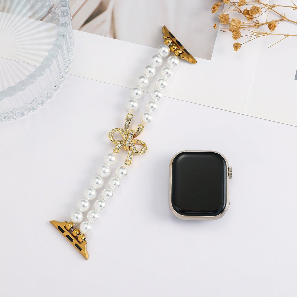 Bracelet Apple Watch perles élégantes, pour montre connectée femme avec nœud doré, élastique, modèle Vacra