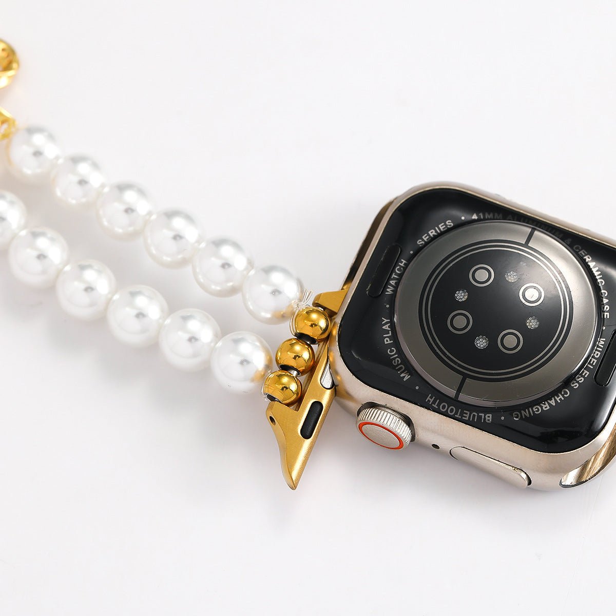 Bracelet Apple Watch perles élégantes, pour montre connectée femme avec nœud doré, élastique, modèle Vacra