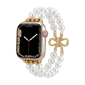 Bracelet Apple Watch perles élégantes, pour montre connectée femme avec nœud doré, élastique, modèle Vacra