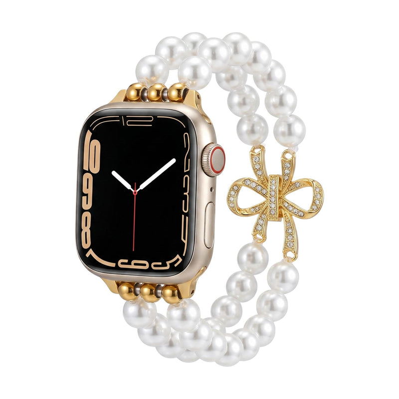 Bracelet Apple Watch perles élégantes, pour montre connectée femme avec nœud doré, élastique, modèle Vacra