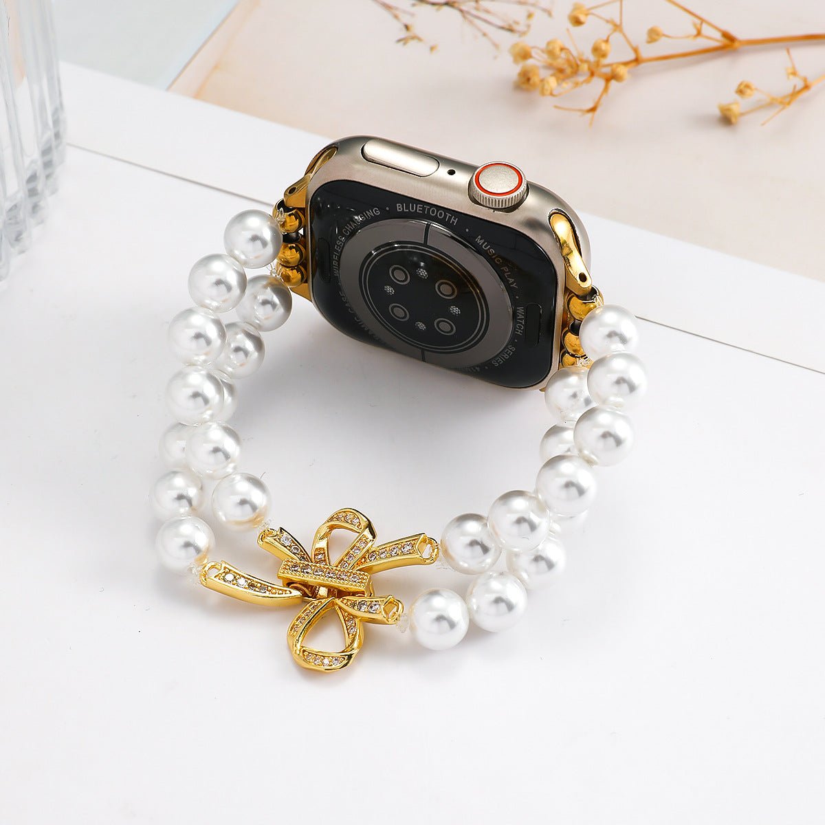 Bracelet Apple Watch perles élégantes, pour montre connectée femme avec nœud doré, élastique, modèle Vacra