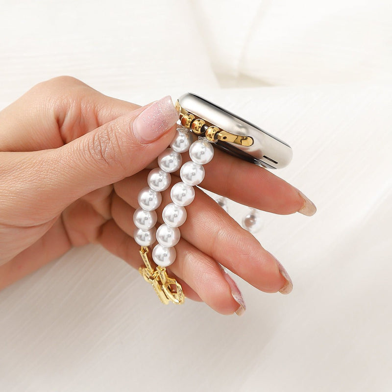 Bracelet Apple Watch perles élégantes, pour montre connectée femme avec nœud doré, élastique, modèle Vacra