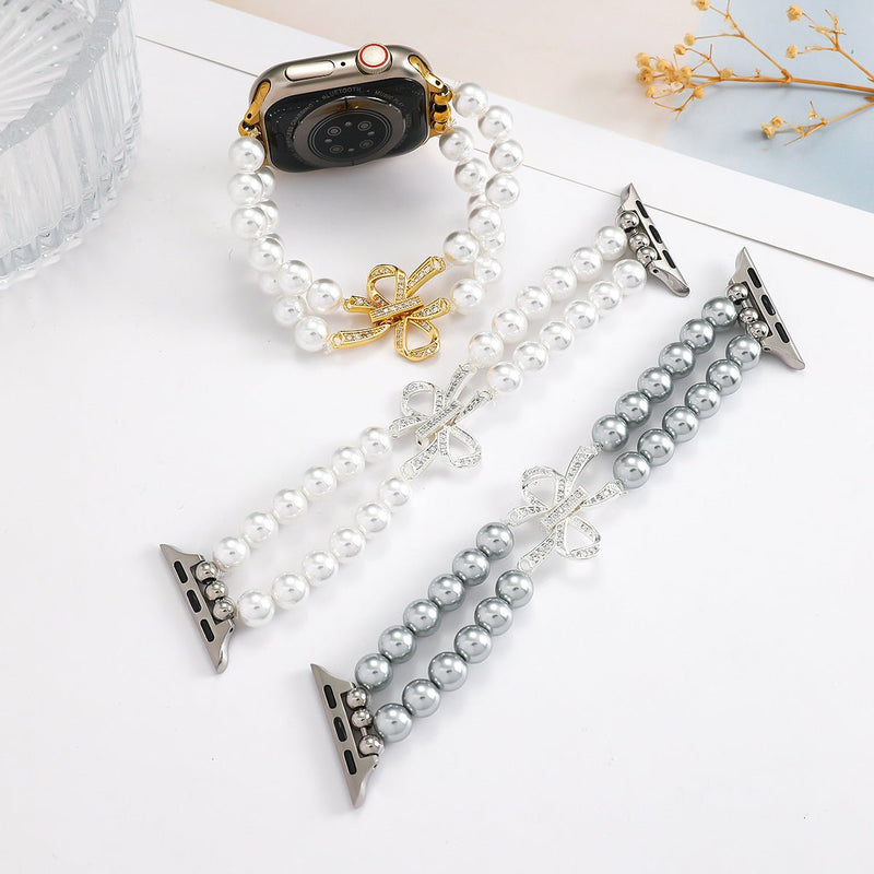 Bracelet Apple Watch perles élégantes, pour montre connectée femme avec nœud doré, élastique, modèle Vacra