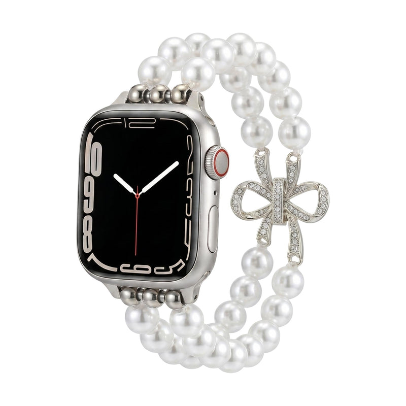Bracelet Apple Watch perles élégantes, pour montre connectée femme avec nœud doré, élastique, modèle Vacra