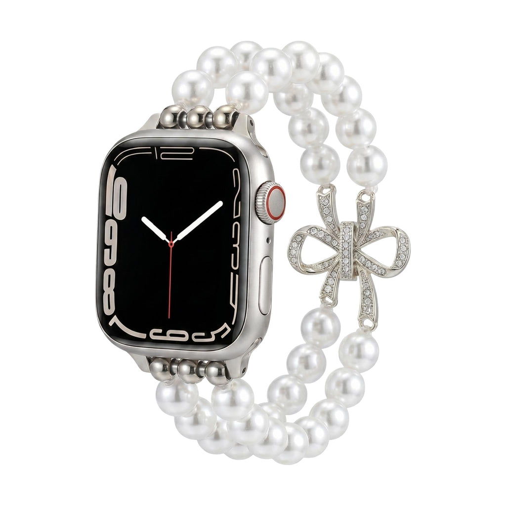 Bracelet Apple Watch perles élégantes, pour montre connectée femme avec nœud doré, élastique, modèle Vacra