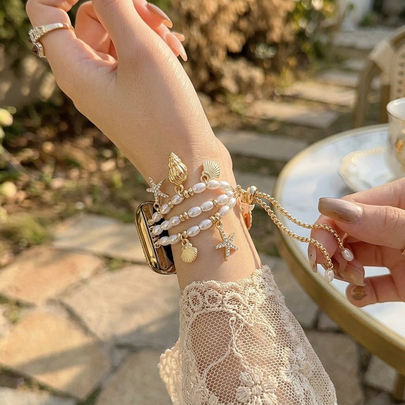 Brazalete para Apple Watch, perlas nacaradas, charms marinos dorados, cierre ajustable, joya para reloj de mujer, modelo Aquadine