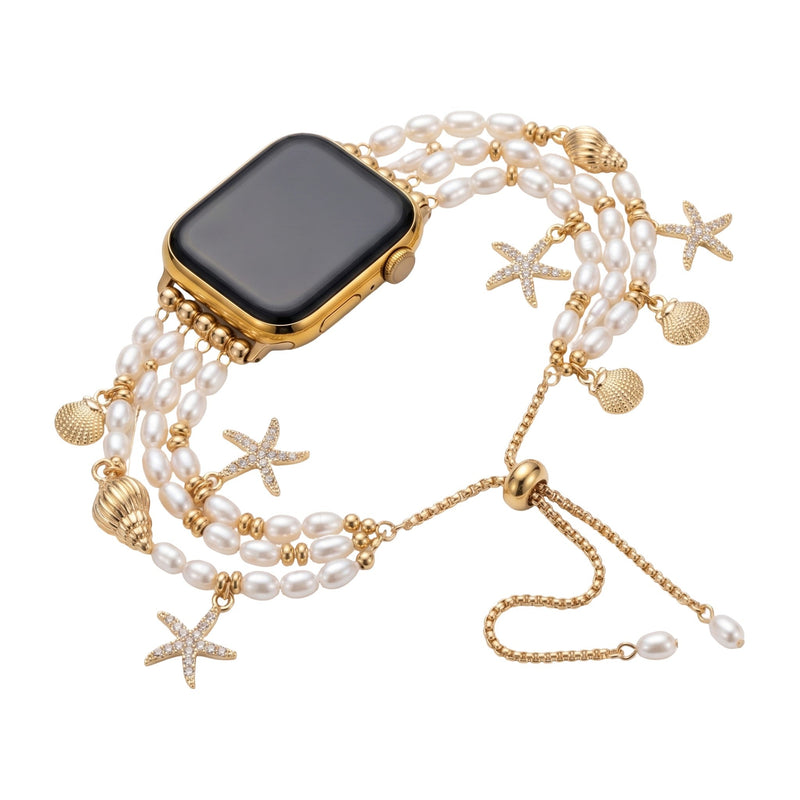 Brazalete para Apple Watch, perlas nacaradas, charms marinos dorados, cierre ajustable, joya para reloj de mujer, modelo Aquadine