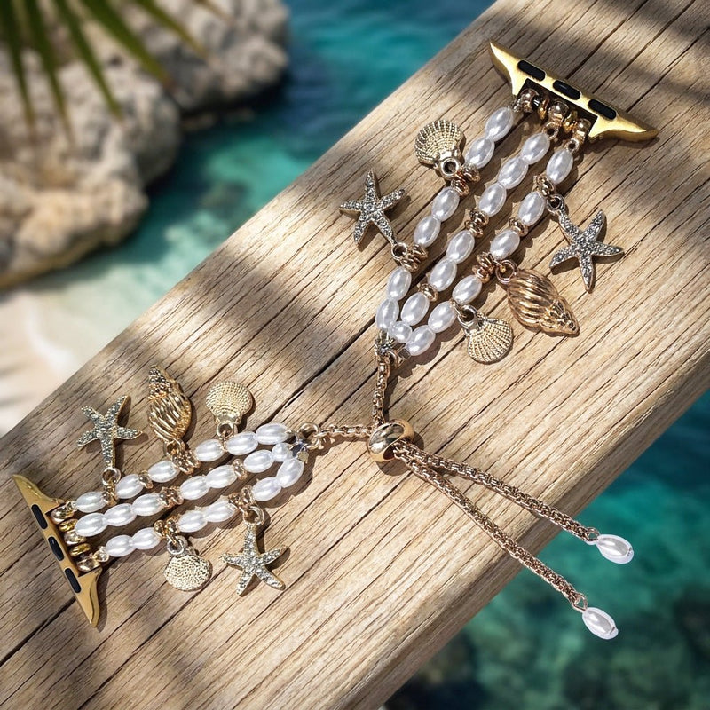 Brazalete para Apple Watch, perlas nacaradas, charms marinos dorados, cierre ajustable, joya para reloj de mujer, modelo Aquadine