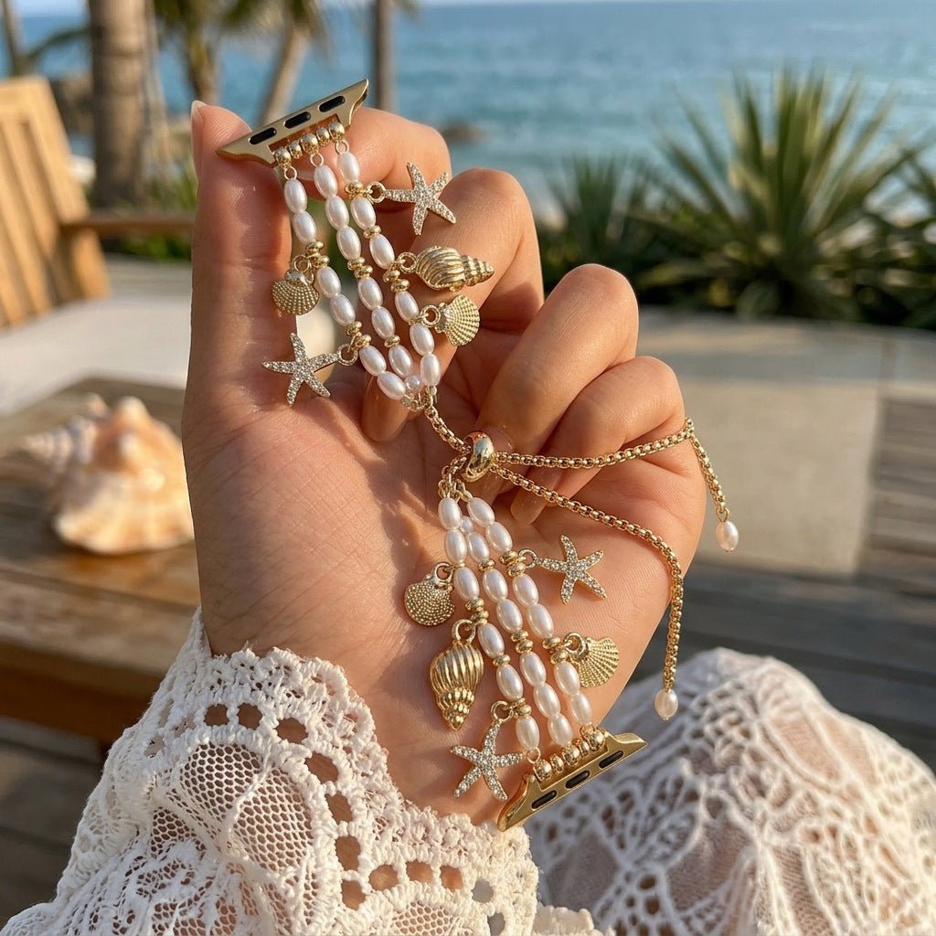 Brazalete para Apple Watch, perlas nacaradas, charms marinos dorados, cierre ajustable, joya para reloj de mujer, modelo Aquadine