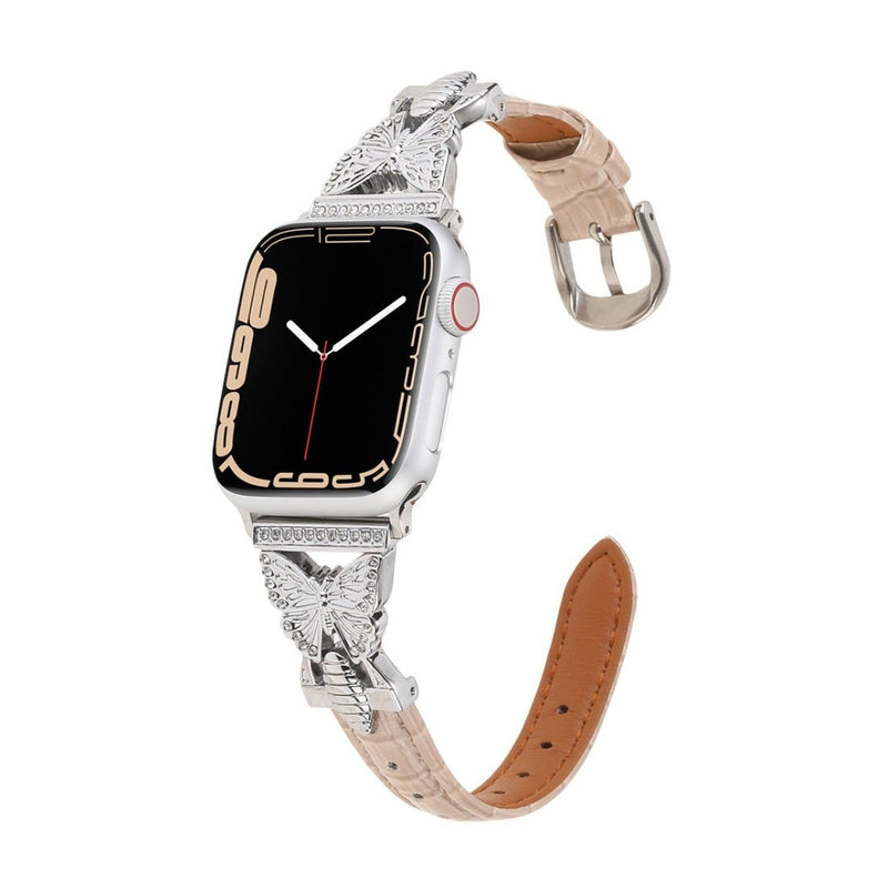 Bracelet Apple Watch, pour femme, cuir et acier inoxydable, papillon moderne, modèle Djibi - La Boutique du Bracelet