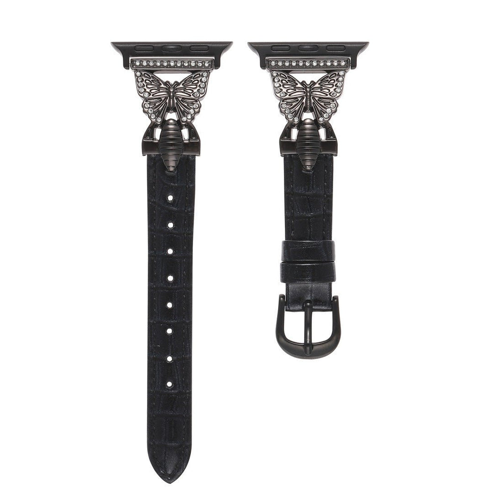 Bracelet Apple Watch, pour femme, cuir et acier inoxydable, papillon moderne, modèle Djibi - La Boutique du Bracelet