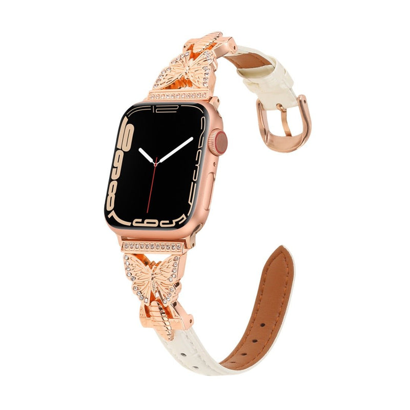 Bracelet Apple Watch, pour femme, cuir et acier inoxydable, papillon moderne, modèle Djibi - La Boutique du Bracelet