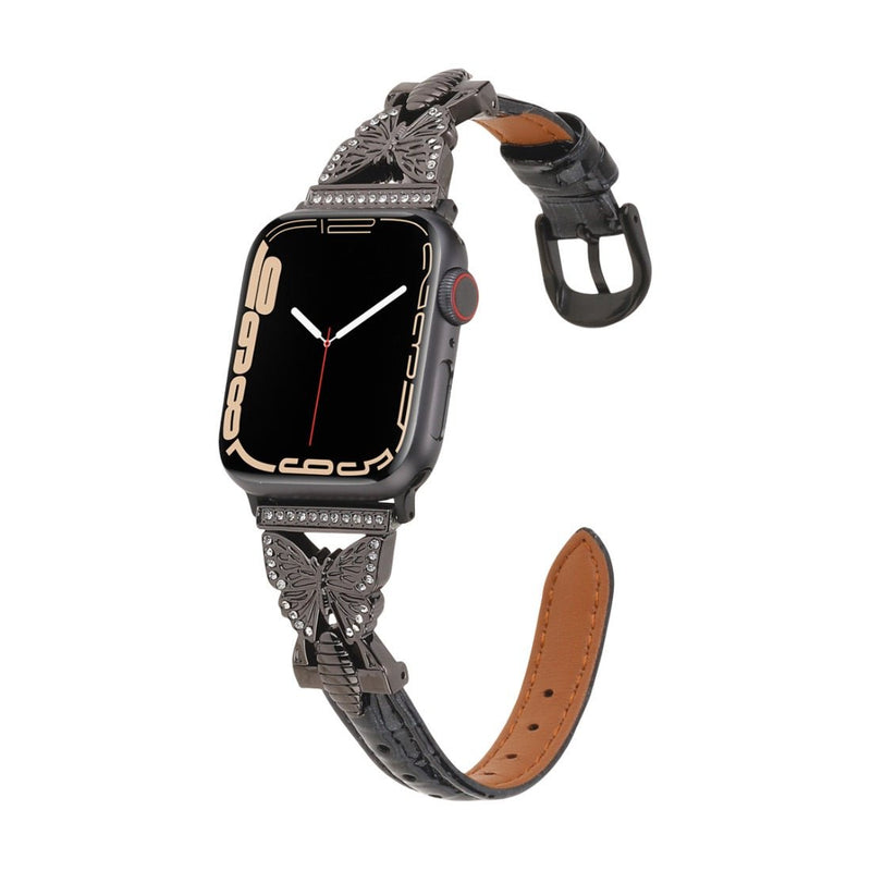 Bracelet Apple Watch, pour femme, cuir et acier inoxydable, papillon moderne, modèle Djibi - La Boutique du Bracelet