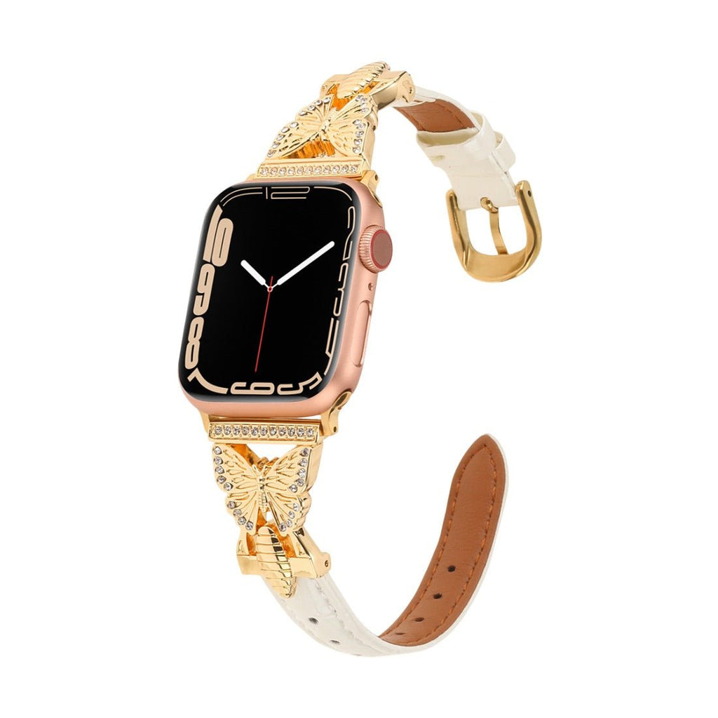 Bracelet Apple Watch, pour femme, cuir et acier inoxydable, papillon moderne, modèle Djibi - La Boutique du Bracelet