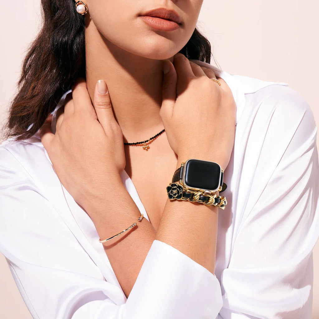 Bracelet Apple Watch, pour femme, double tour en cuir, rose fleuri, modèle Queenie - La Boutique du Bracelet