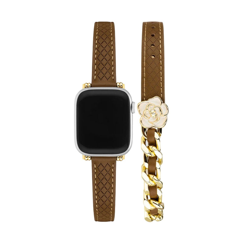 Bracelet Apple Watch, pour femme, double tour en cuir, rose fleuri, modèle Queenie - La Boutique du Bracelet