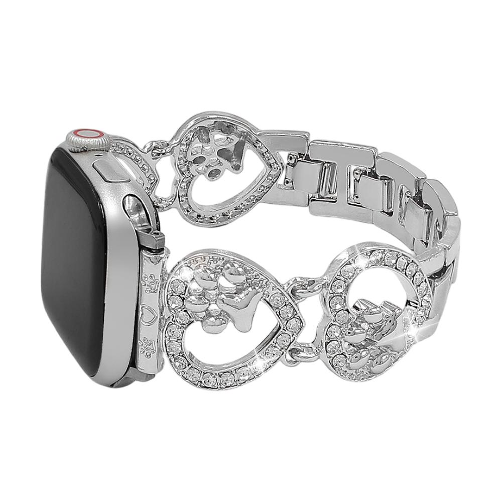 Bracelet Apple Watch pour femme, maille en alliage avec motif cœur, bijou avec empreinte de patte, accessoire élégant pour montre connectée, cadeau idéal pour amoureuse des animaux, modèle Patoune