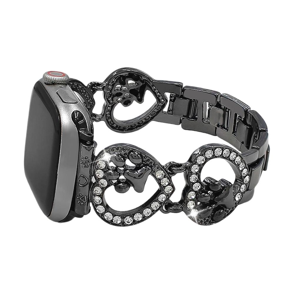 Bracelet Apple Watch pour femme, maille en alliage avec motif cœur, bijou avec empreinte de patte, accessoire élégant pour montre connectée, cadeau idéal pour amoureuse des animaux, modèle Patoune
