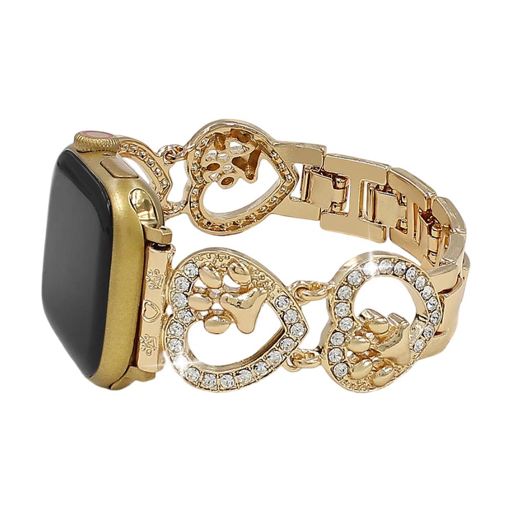 Bracelet Apple Watch pour femme, maille en alliage avec motif cœur, bijou avec empreinte de patte, accessoire élégant pour montre connectée, cadeau idéal pour amoureuse des animaux, modèle Patoune