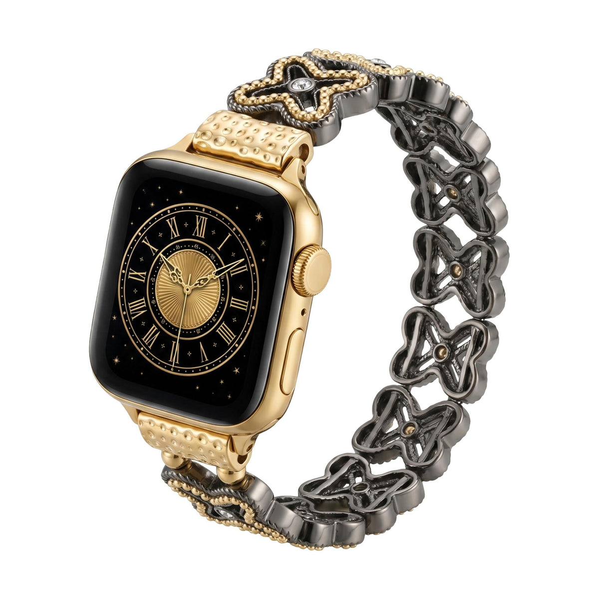 Apple Watch Armband mit durchbrochenem Blumenmuster, Strasssteinen und zweifarbiger Ausführung, Modell Harpie